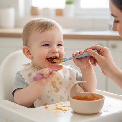 Cuillère bébé maman nourrit bébé