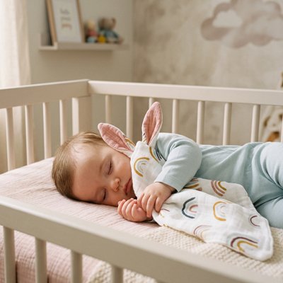 Bebe couché a coté du doudou rose