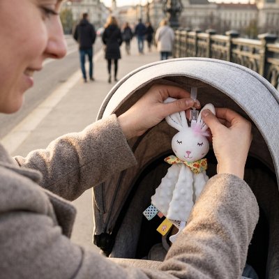 Maman arrange lapin doudou sur poussette