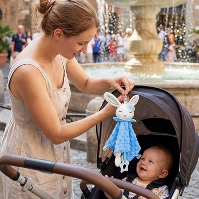 Maman fixe lapin doudou sur poussette