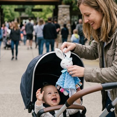 Maman presente lapin doudou a bebe sur poussette