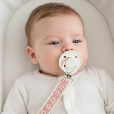 Attache tetine accessoire pratique bebe avec sa tetine dans la bouche