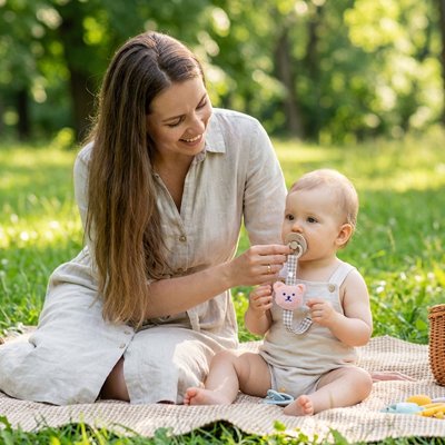 Attache tetine conventionnel maman et bebe au parc