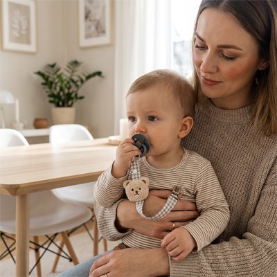 Attache tetine conventionnel maman porte bebe sur ses jambes