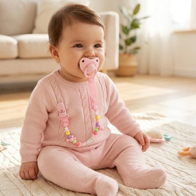 Attache tetine rose bebe assis avec sa tetine