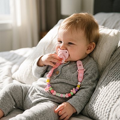 Attache tetine rose bebe avec sa tetine