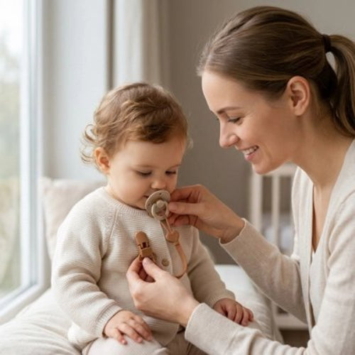 Attache tetine securisee et elegante maman installe la tetine