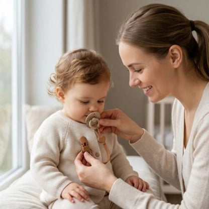 Attache tetine securisee et elegante maman installe la tetine