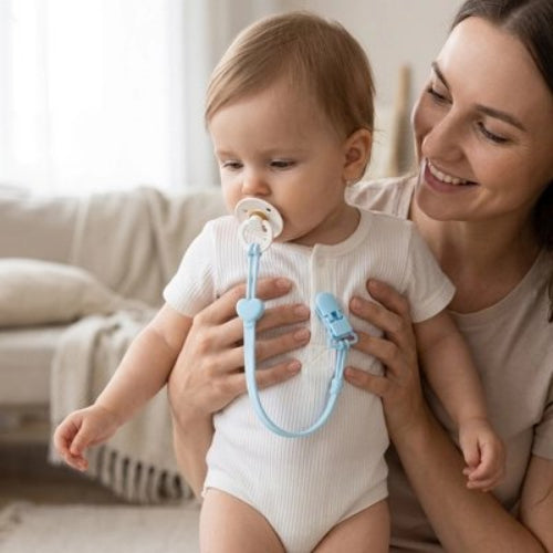 Attache tetine securisee et elegante maman porte son bebe