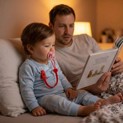 Attache tetine securisee et elegante papa lit une histoire a son bebe