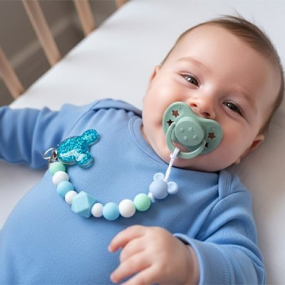Attache tetine securisee et tendance bebe sur le dos