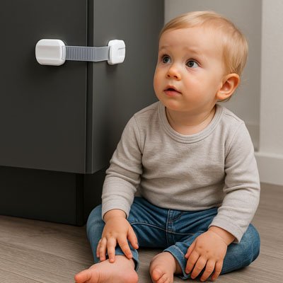 Bloque porte bebe securidoor bebe est assis devant le placard