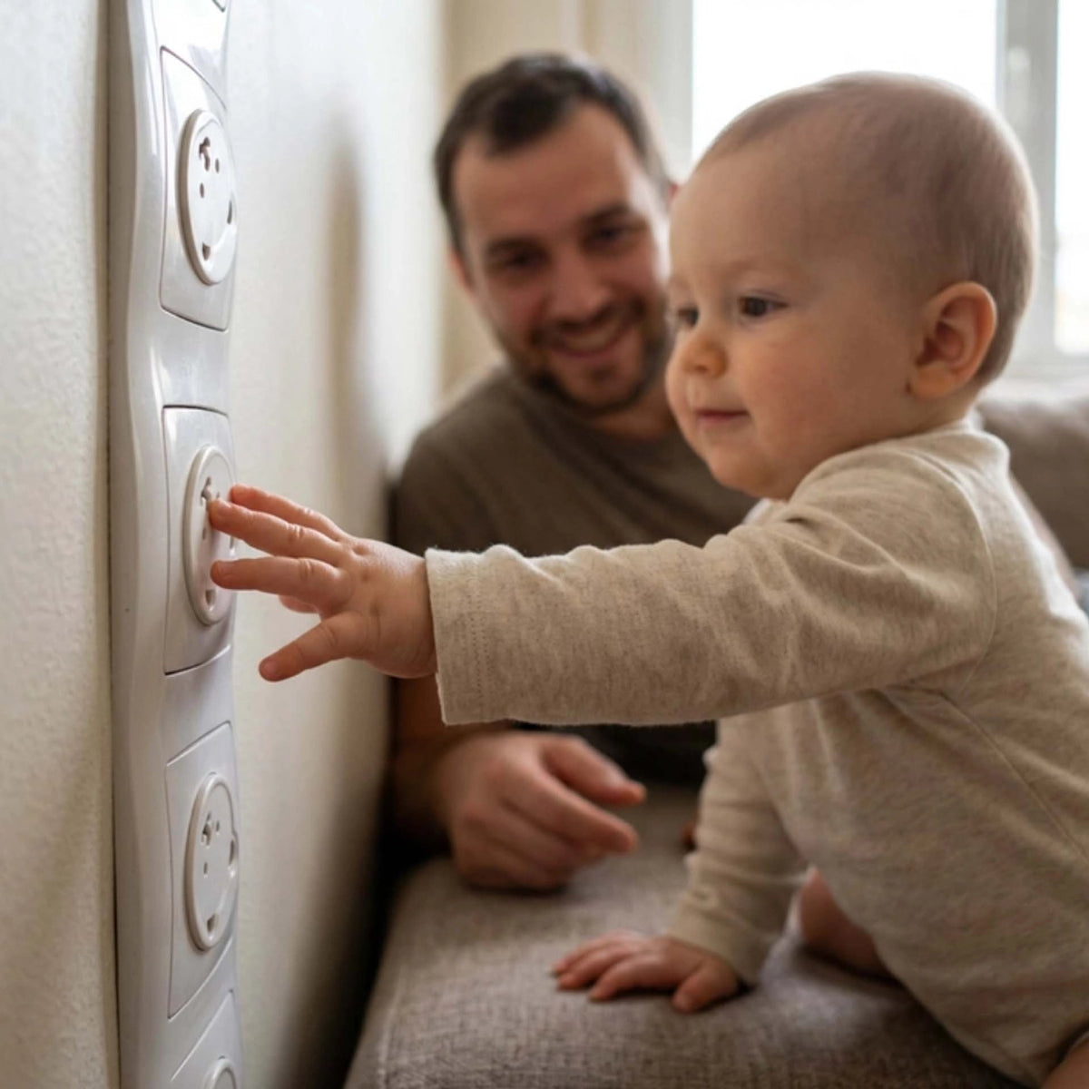 Cache prise secubaby papa regarde son bebe