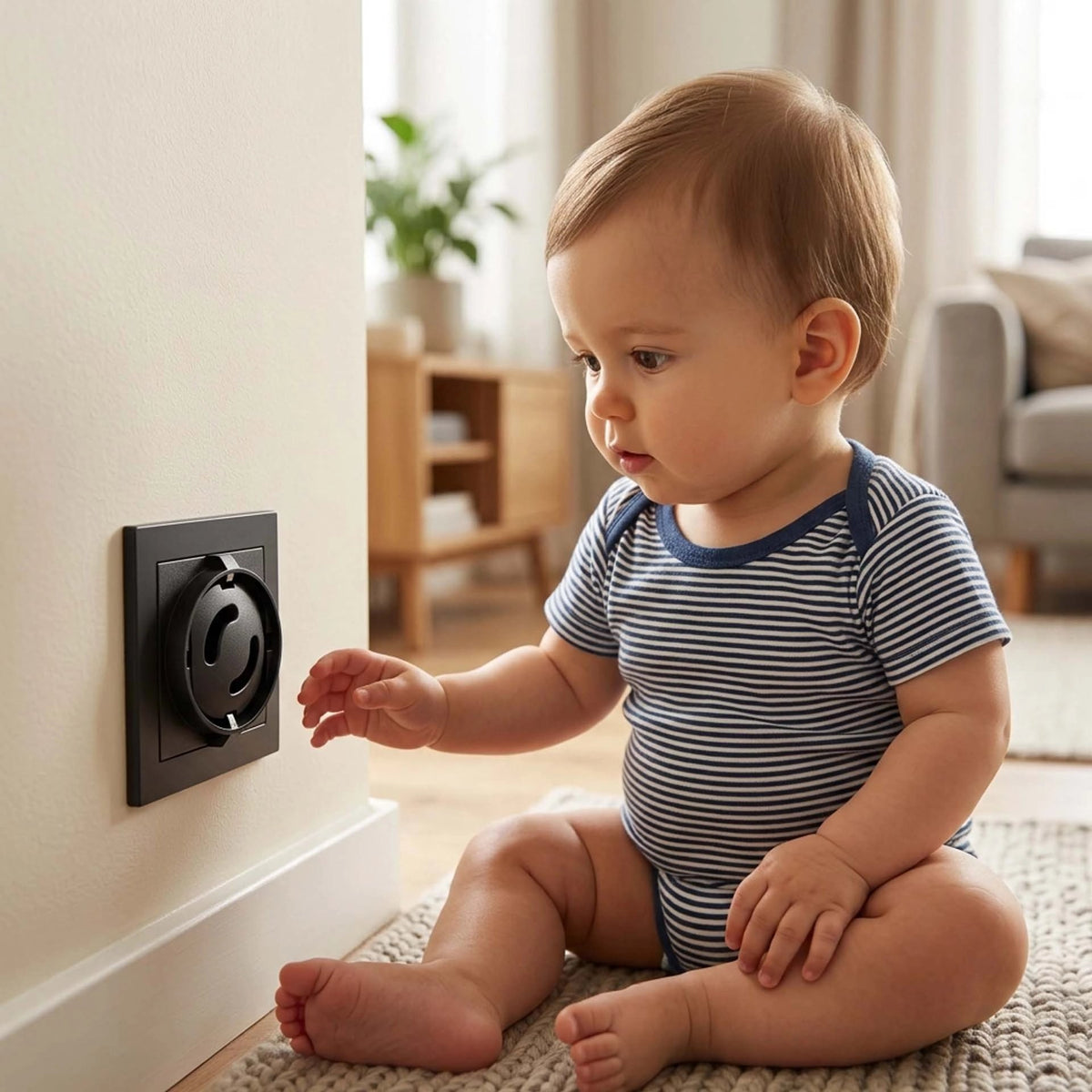 Cache prise secusafe bebe est assis devant la prise