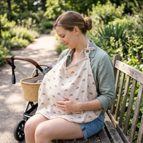 Cape d'allaitement elegance discrete maman sur un banc public