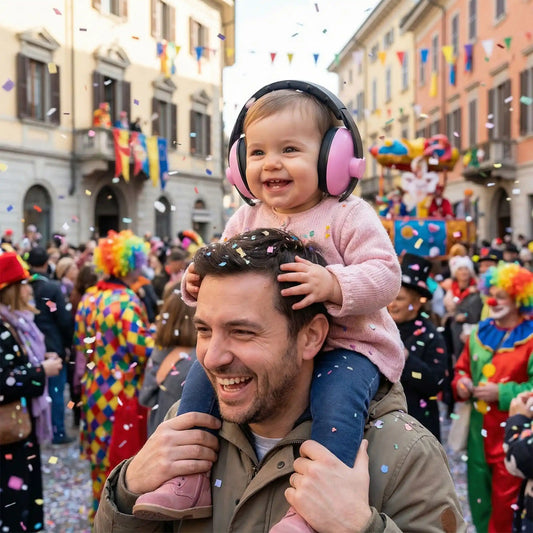 Casque antibruit bebe balade avec papa en plein carnaval