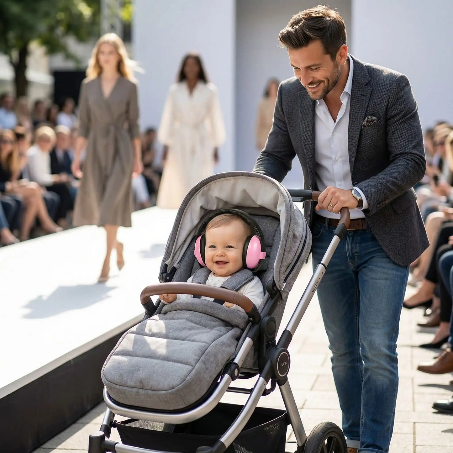 Casque anti bruit bebe papa et bebe en plein defile