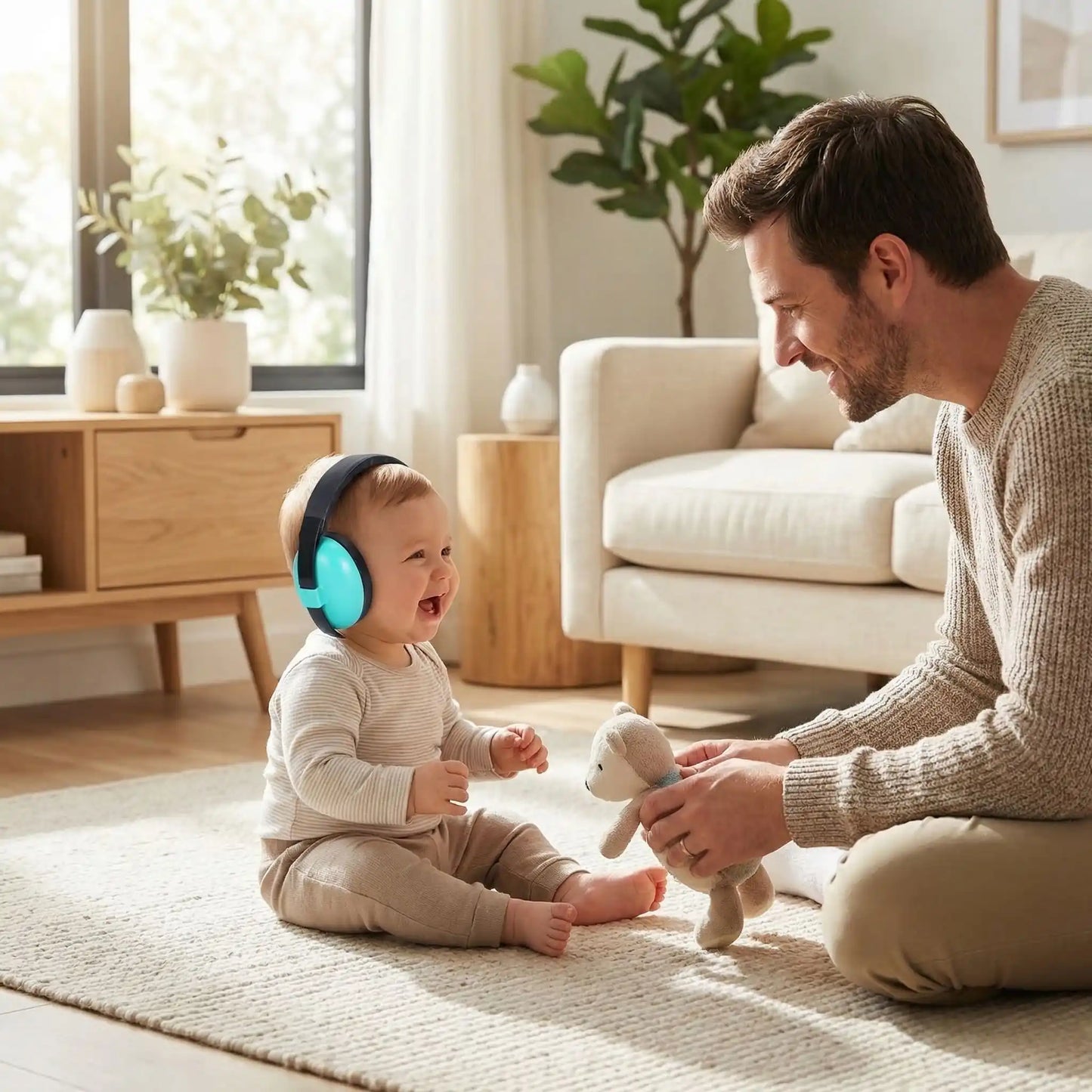 Casque anti bruit bebe papa et bebe passent un moment ensemble