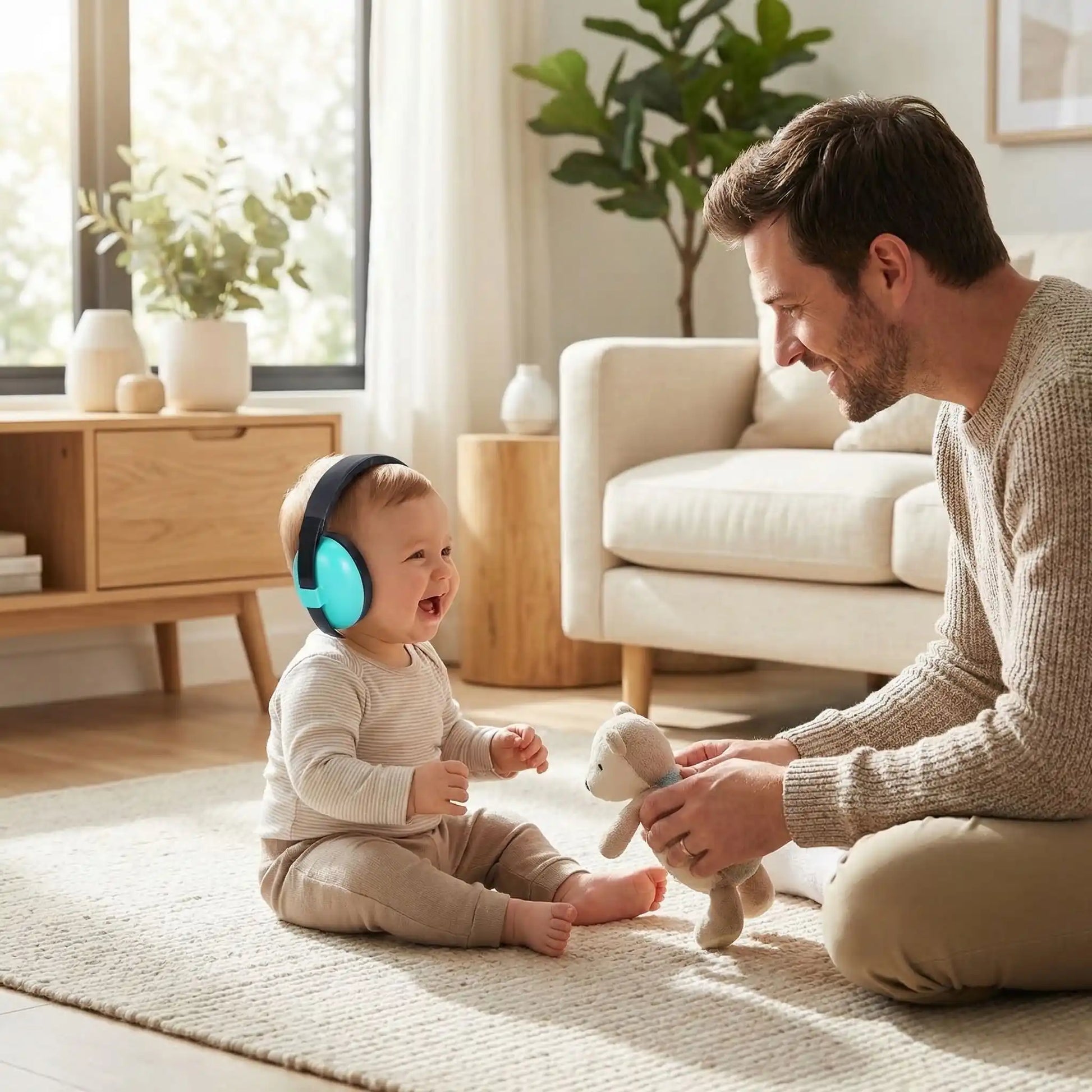 Casque anti bruit bebe papa et bebe passent un moment ensemble