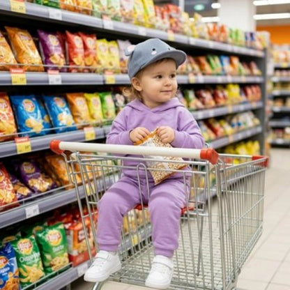 Casquette bebe premium confort bebe assis dans un caddie au supermarche
