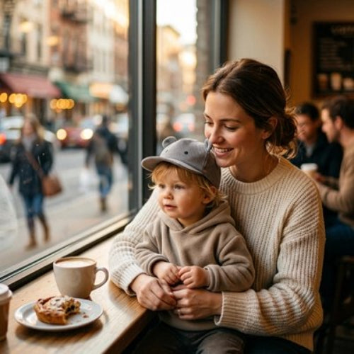 Casquette bebe premium confort maman prend une tasse avec son bebe