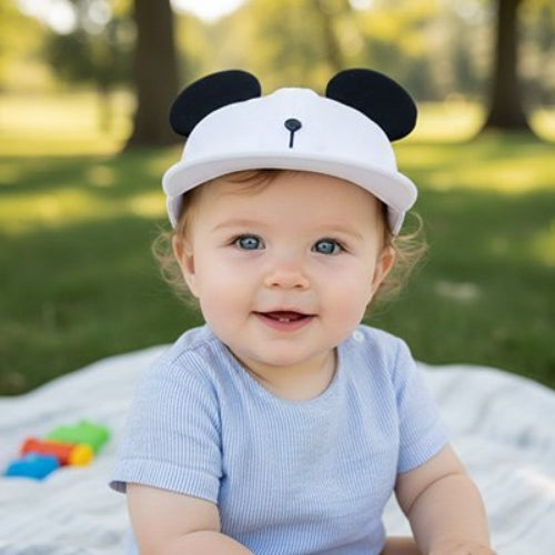 Casquette bebe Protection Confort bebe est dans le jardin