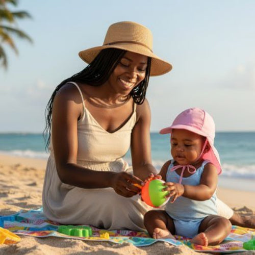 Casquette pour bebe UltraConfort bebe et maman a la plage
