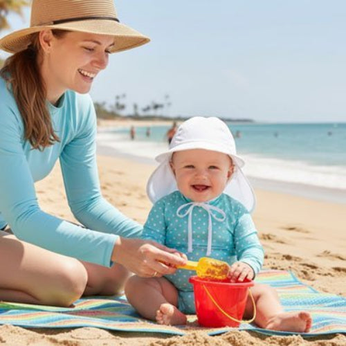 Casquette pour bebe UltraConfort maman et bebe a la plage