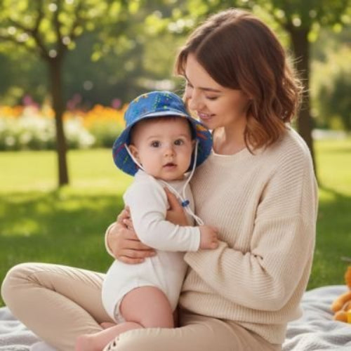 Chapeau bebe Coton Bio Protection maman et bebe au parc