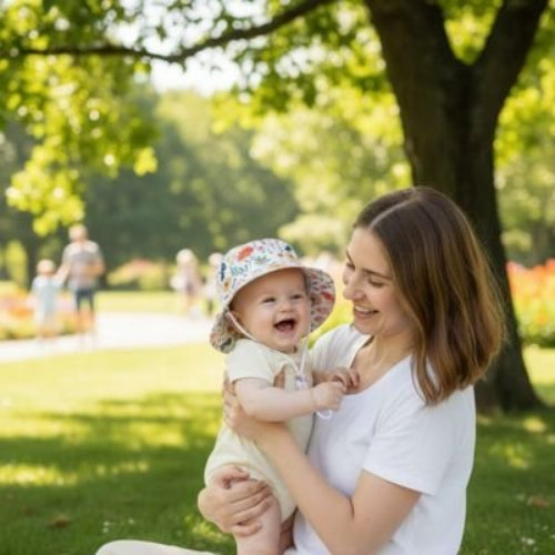 Chapeau bebe Coton Bio Protection maman et bebe rigolent au parc