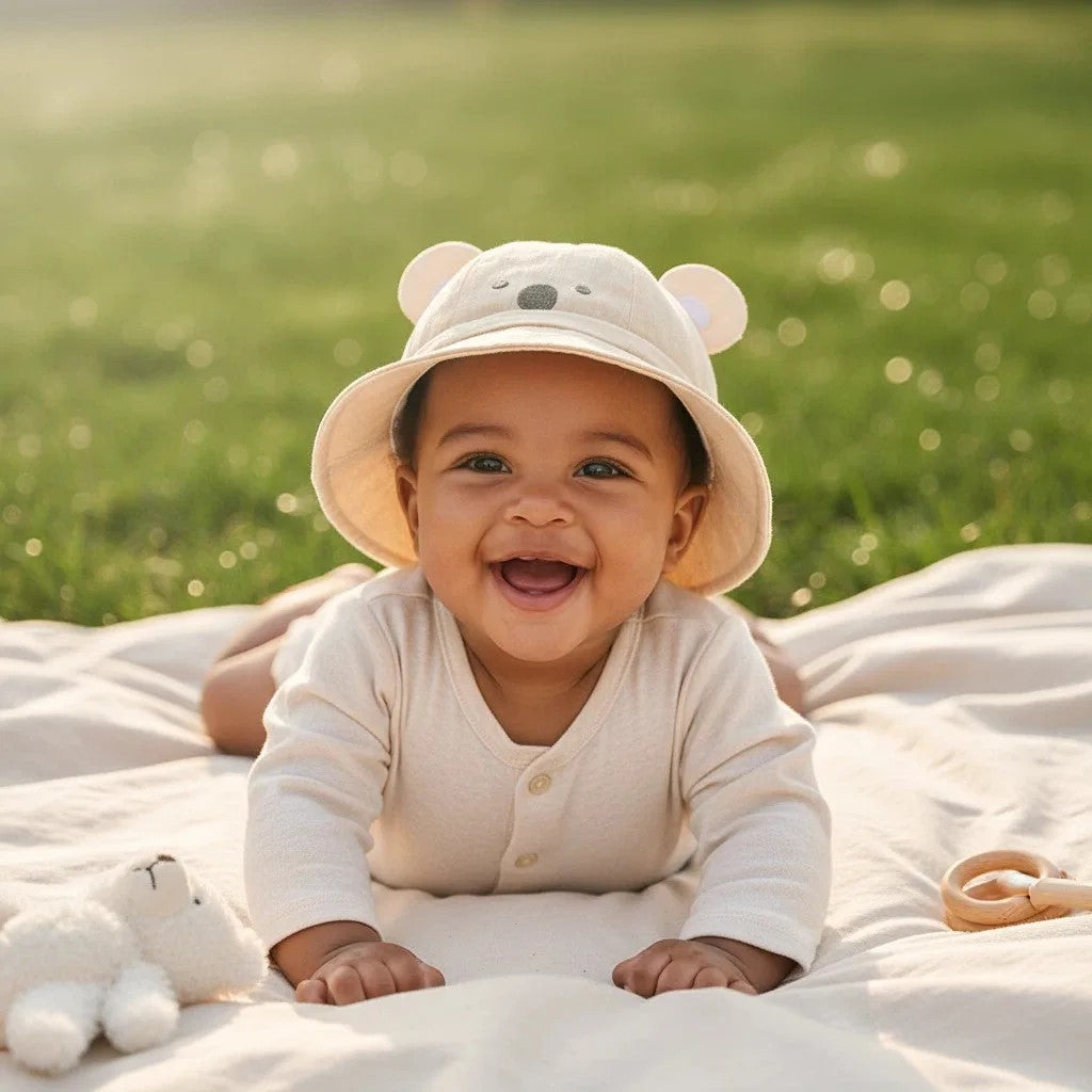 Chapeau bebe protecteur trois saisons bebe dans le jardin