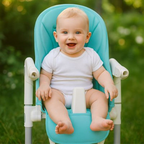Coussin chaise haute confort securise bebe dans le jardin