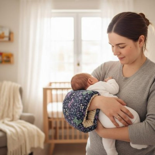 Coussin d'allaitement confort maman est debout avec son bebe