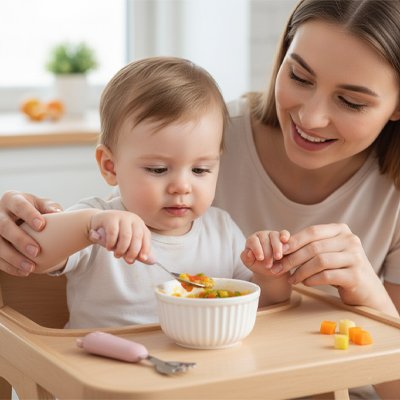 Couvert bébé​ ergonomique maman aide son bébé à manger