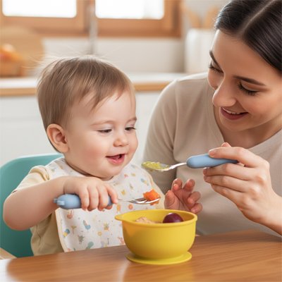 Couvert bébé​ ergonomique maman nourrit son bébé