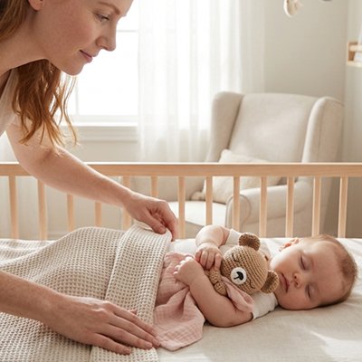 Bébé dort avec doudou en face de maman