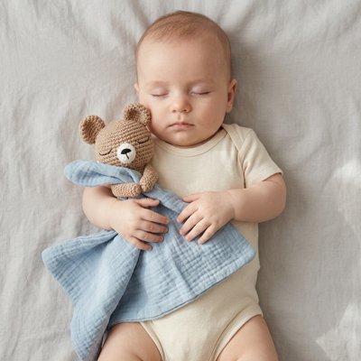 Bebe dort sur le dos avec son doudou
