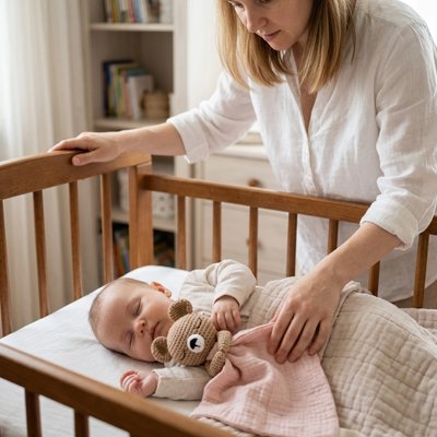 Maman arrange bebe qui dort avec doudou