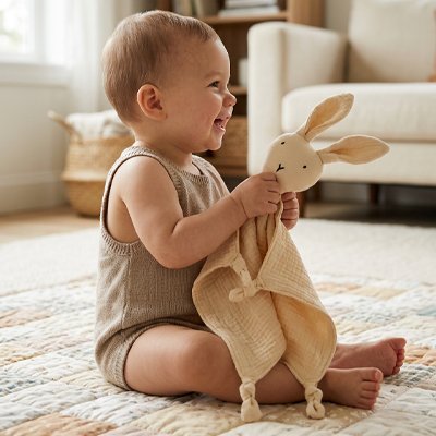 Bébé assis avec son doudou lapin 