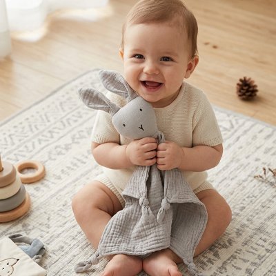 Bébé joli regard avec son doudou