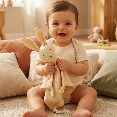 Bébé souriant avec son doudou lapin 