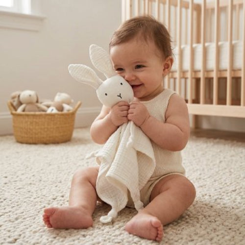 Doudou lapin bebe souriante avec son doudou