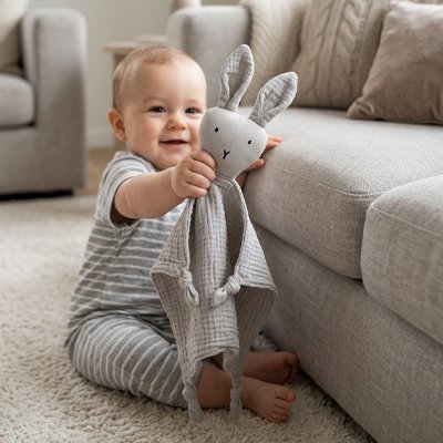 Doudou lapin bébé proche de la chaise avec son doudou