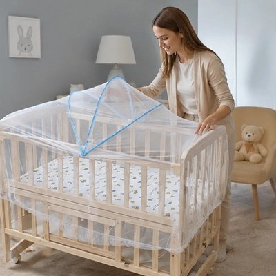 Moustiquaires lit bebe voile de serenite autour du berceau