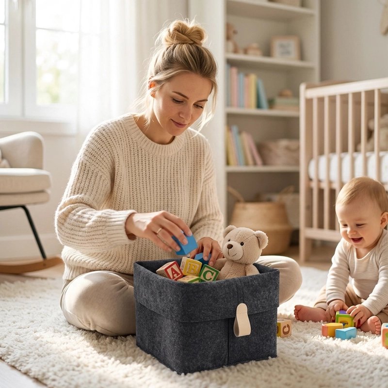 Panier de rangement bébé douceo maman range les affaires de son bébé