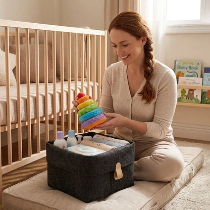 Panier de rangement bébé douceo maman range les affaires de bébé