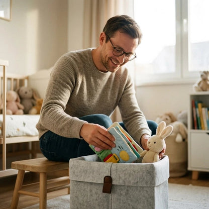 Panier de rangement bébé douceo papa range les affaires de son bébé