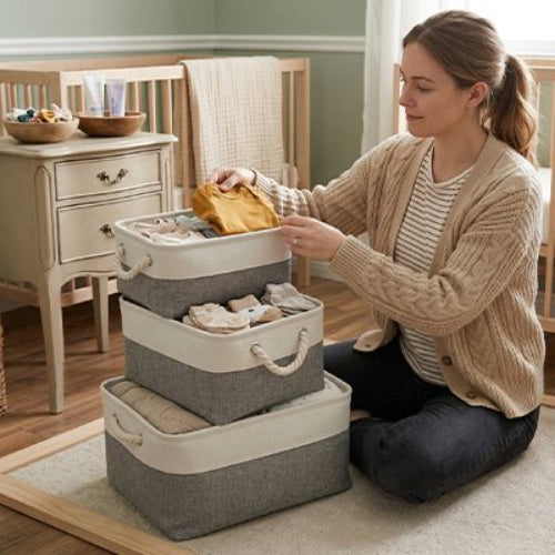Panier rangement bebe elegant et pratique maman assise au sol pour ranger