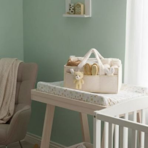 Panier rangement bebe organisateur efficace blanc sur la table