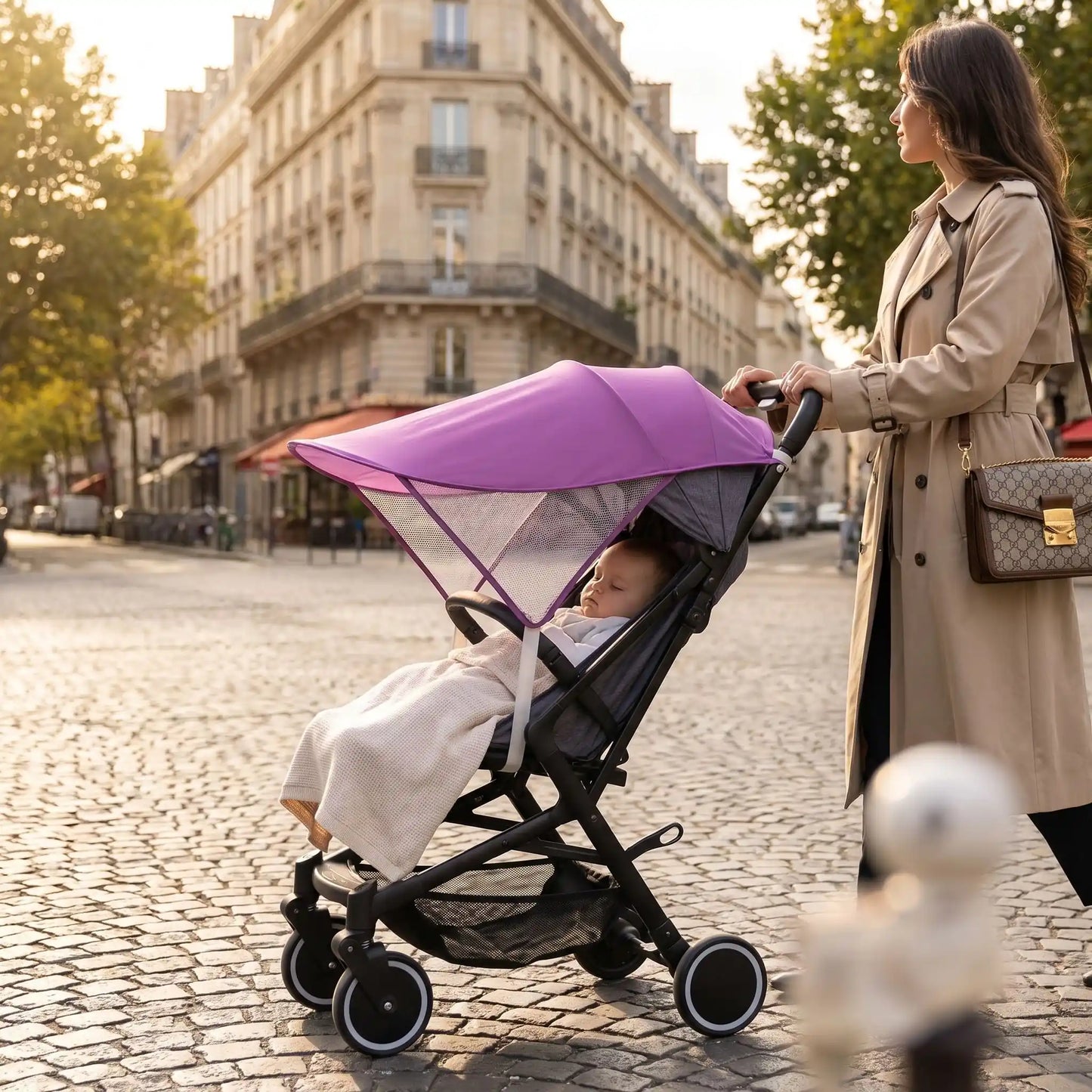 Parasol poussette double confort maman et bebe
